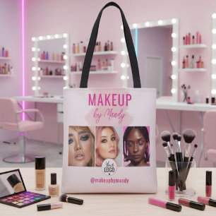 Pink Script Logo QR Code Photo Watercolor Makeup Tote Bag