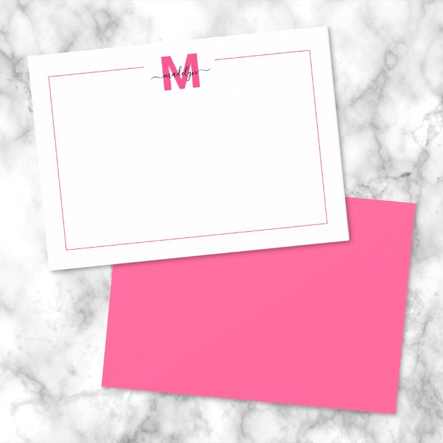 Pink Script Minimalist Border Name Monogram Card (Pink Script Minimalist Border Name Monogram Note Card)