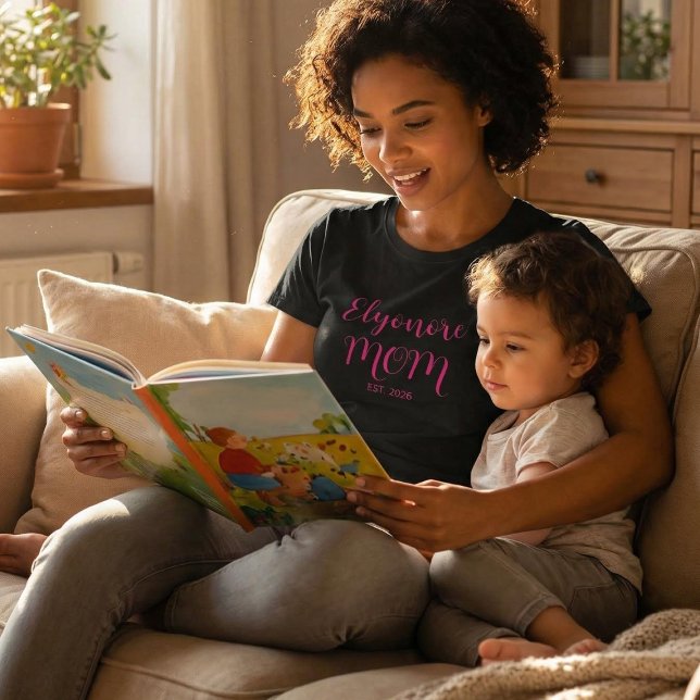 Pink Script Personalised Name Established Mom  T-Shirt (Creator Uploaded)