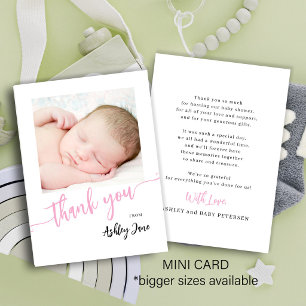 Pink script photo girL baby shower thank you mini Card