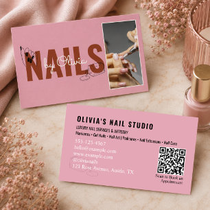 Pink Script Photo Qr-Code Line-Art Nail Salon Business Card