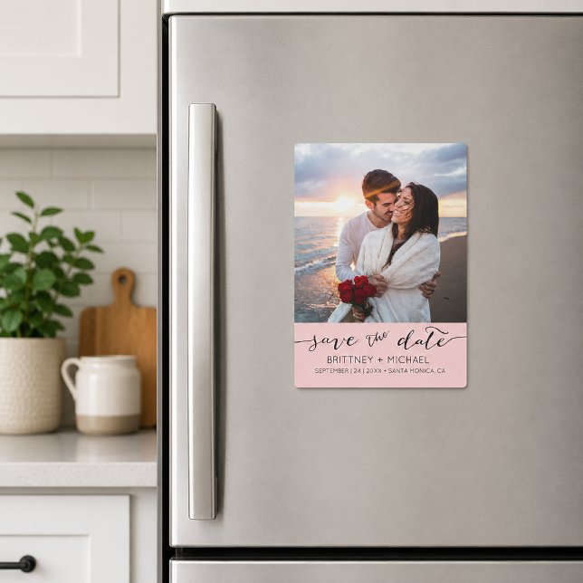 Pink Script Photo Save the Date Magnetic Invitation (Romantic save the date magnet featuring elegant handwritten script typography with a soft blush pink)