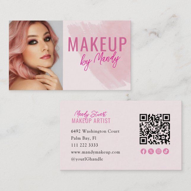 Pink Script Social Icon QR Code Photo Makeup  Business Card (Front/Back)