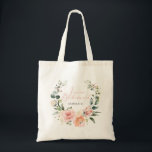 Pink Script Watercolor Floral Wreath Jr Bridesmaid Tote Bag<br><div class="desc">A pretty, modern floral Junior Bridesmaid design. The watercolor wreath of pink, peach and eucalyptus greenery features the title "Junior Bridesmaid" in the centre, in hand lettered pink script typography, and it is personalised with the bridesmaid's name below. This is part of a collection of Bridal Party tees in this...</div>
