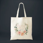 Pink Script Watercolor Floral Wreath Maid of Honou Tote Bag<br><div class="desc">A pretty, modern floral Maid of Honour design. The watercolor wreath of pink, peach and eucalyptus greenery features the title "Maid of Honour" in the centre, in hand lettered pink script typography, and it is personalised with the bridesmaid's name below. This is part of a collection of Bridal Party tees...</div>