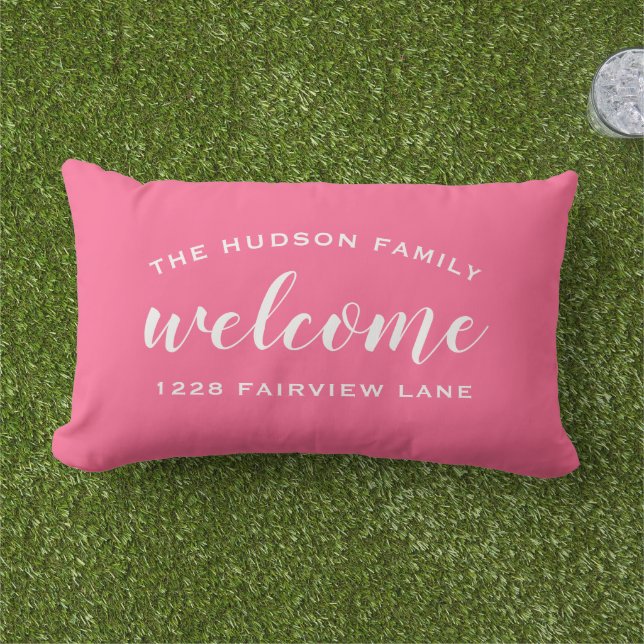 Pink Script Welcome Monogram Porch Lumbar Cushion (Grass)