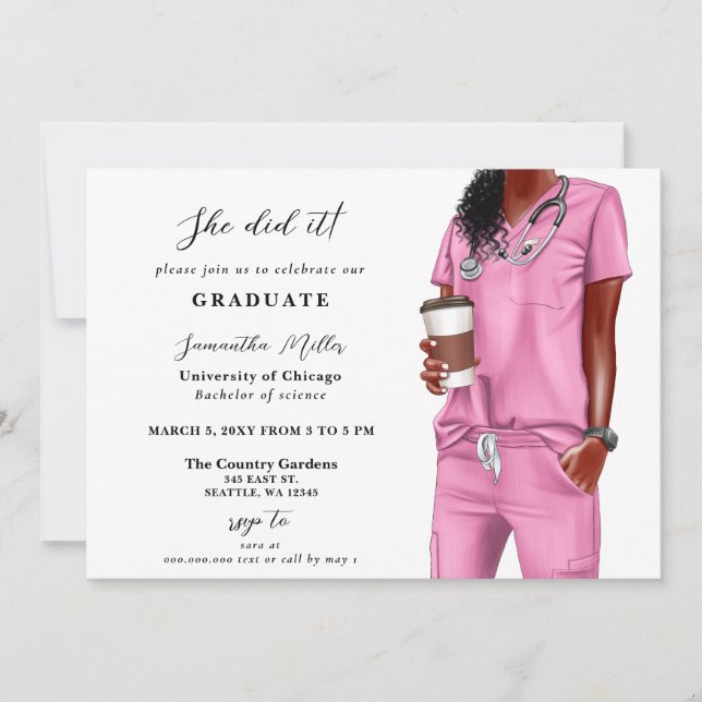 Pink Scrubs Nurse Photo She Did It Graduation Invitation (Front)