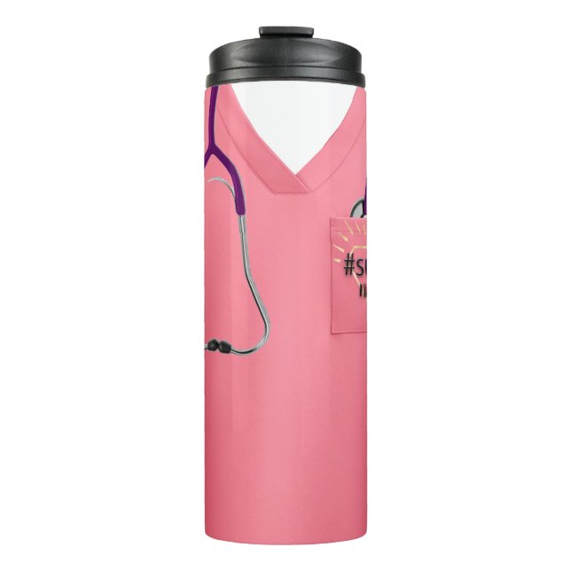 Pink Scrubs With Floral Design and Stethoscope Thermal Tumbler (Front)
