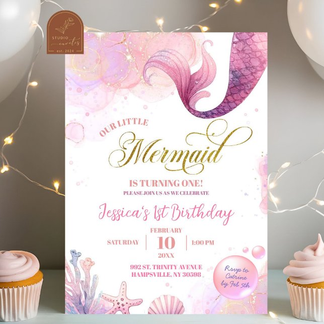 Pink Sea Mermaid First Birthday  Invitation (Creator Uploaded)