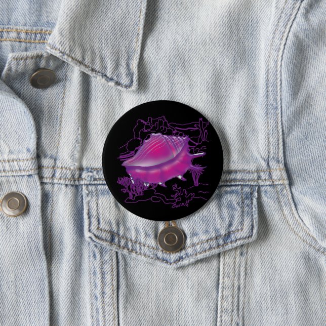 Pink sea shell 7.5 cm round badge (In Situ)