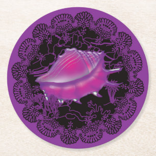 Pink sea shell round paper coaster