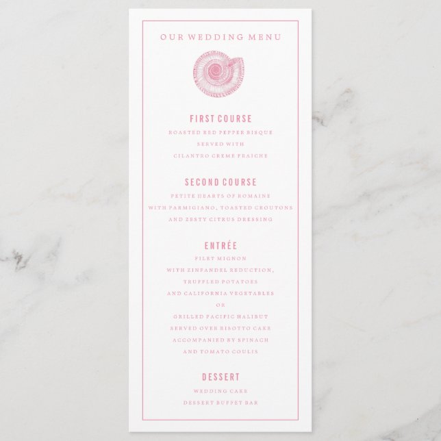 Pink Sea Shell Wedding Dinner Menu (Front)