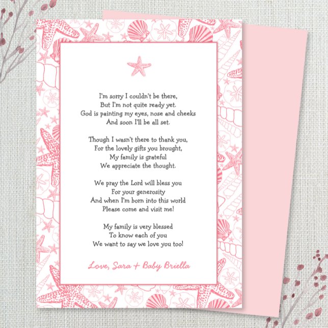 Pink Sea Shells baby shower thank you note poem Invitation (Creator Uploaded)