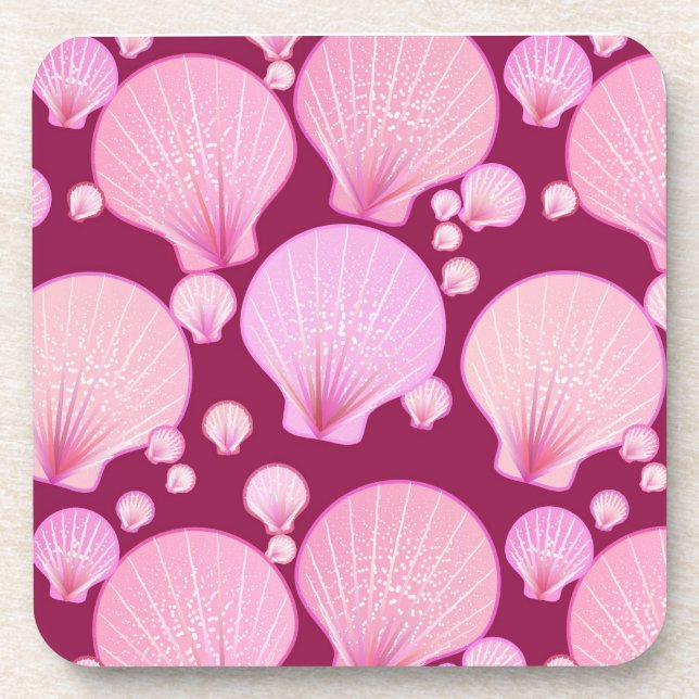 Pink sea shells on a burgundy background coaster (Front)