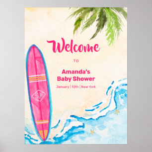Pink Sea Surf Plam Tree Beach Baby Shower Welcome Poster