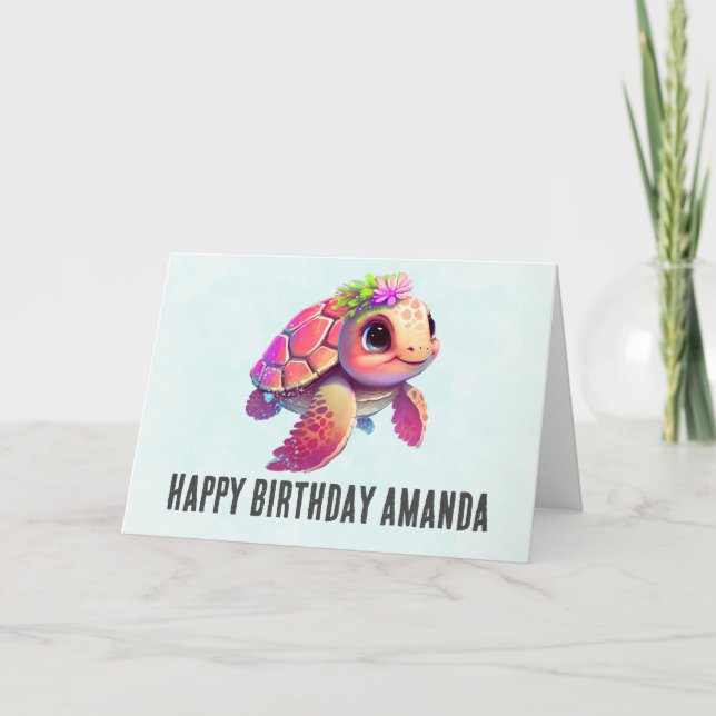 Pink Sea Turtle Whimsical & Cute Birthday Card (Front)