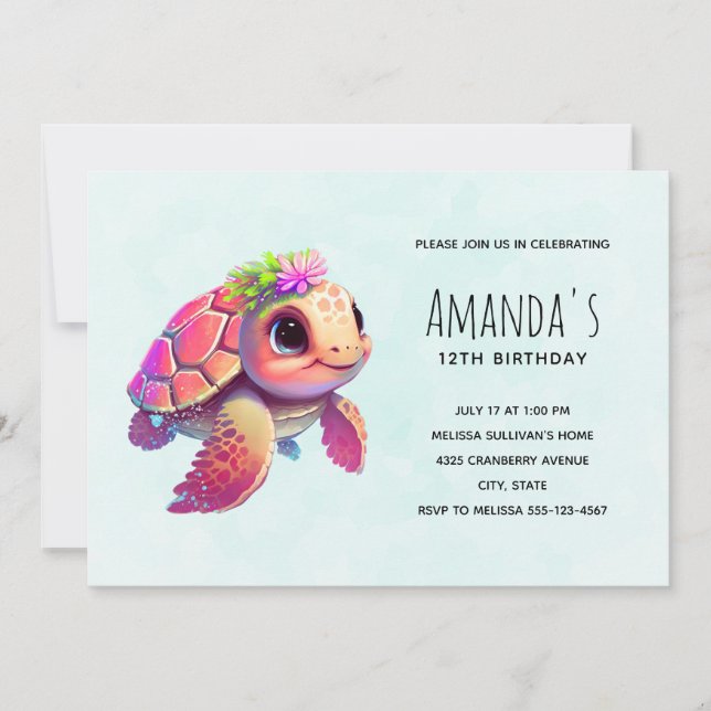 Pink Sea Turtle Whimsical & Cute Birthday Invitation (Front)
