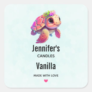Pink Sea Turtle Whimsical & Cute - Candle Business Square Sticker