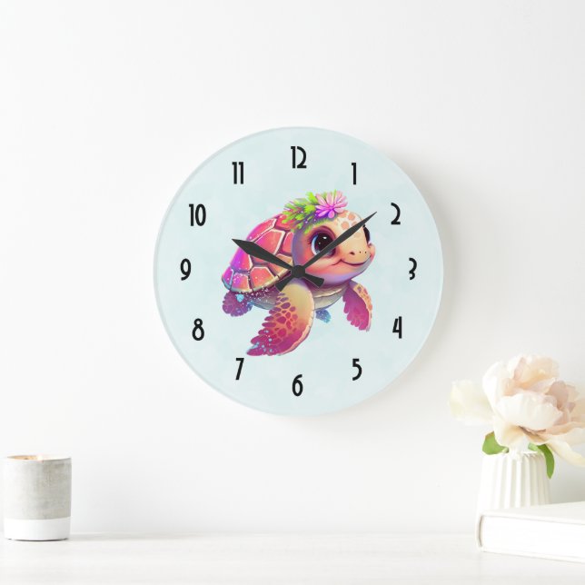 Pink Sea Turtle Whimsical & Cute Large Clock (Home)