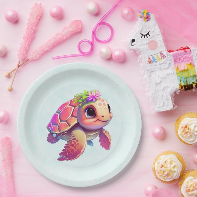 Pink Sea Turtle Whimsical & Cute Paper Plate (Party)