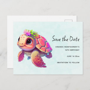 Pink Sea Turtle Whimsical & Cute Save the Date Invitation Postcard