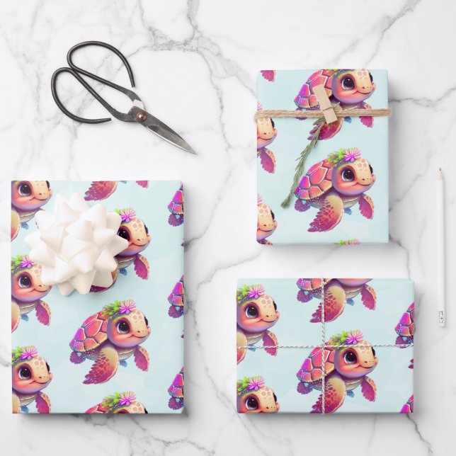 Pink Sea Turtle Whimsical & Cute Wrapping Paper Sheet (Front)
