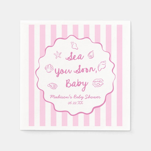 Pink Sea You Soon Baby Bells Coastal Baby Shower Napkin (Front)