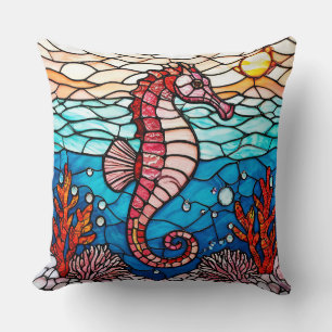 Pink Seahorse and Ocean Coral Cushion