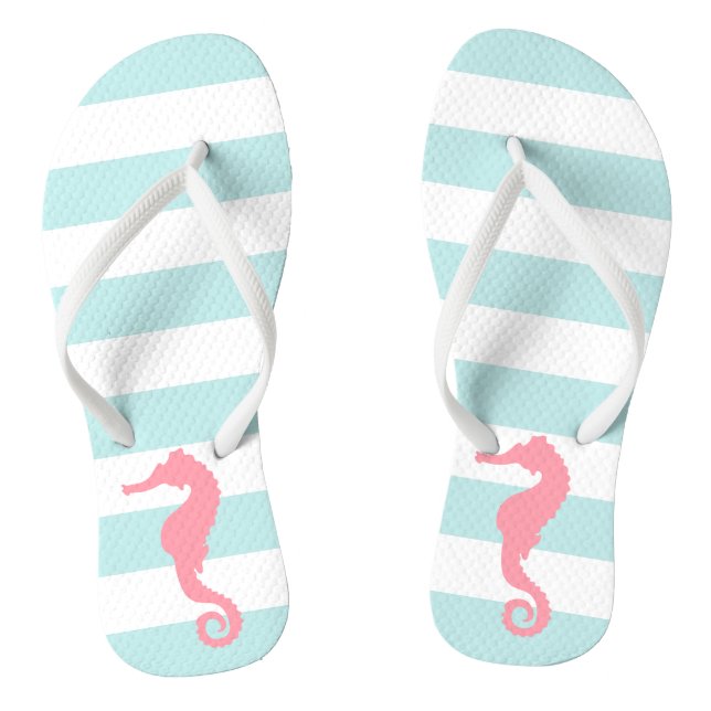 Pink Seahorse on Mint Stripes Thongs (Footbed)