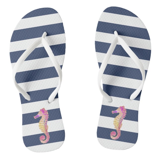 pink seahorse on navy stripes thongs (Footbed)