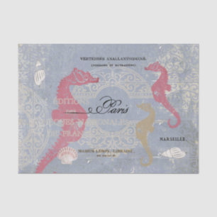 Pink Seahorse Sea Shell Blue Vintage French  Tissu Tissue Paper