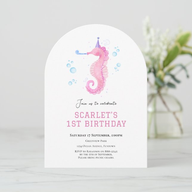 Pink Seahorse Under the sea 1st birthday Invitation (Standing Front)