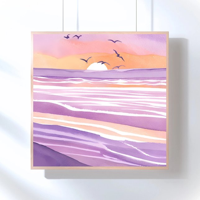 Pink Seas | Watercolor Sunset Ocean Waves Poster (Creator Uploaded)