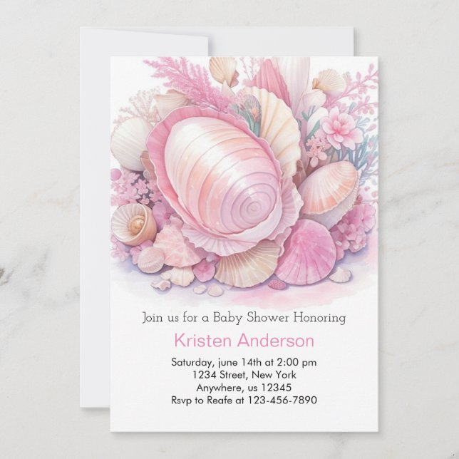 Pink Seashell Adventure Seashore Girl Baby Shower Invitation (Front)