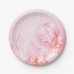 Pink Seashell Dark Paper Plate