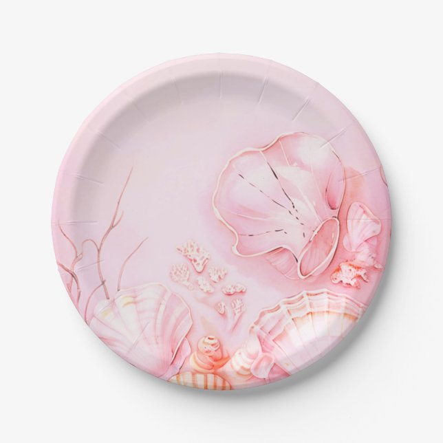 Pink Seashell Dark Paper Plate (Front)