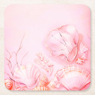 Pink Seashell Dark Square Paper Coaster