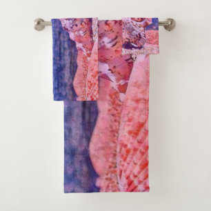 Pink seashell near purple sea watercolor painting bath towel set