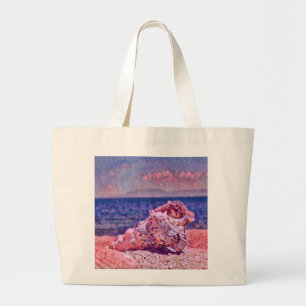 Pink seashell near purple sea watercolor painting large tote bag