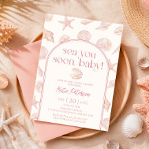 Pink Seashell Sea You Soon Baby Shower Invitation