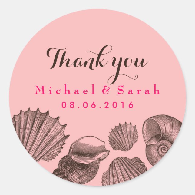 Pink Seashells Beach Wedding Thank You Sticker (Front)