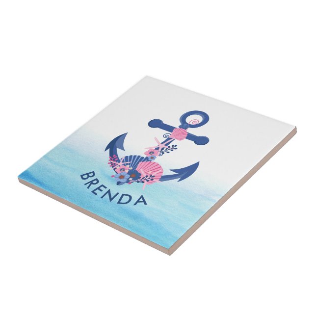 Pink seashells navy-blue nautical anchor ceramic tile (Side)
