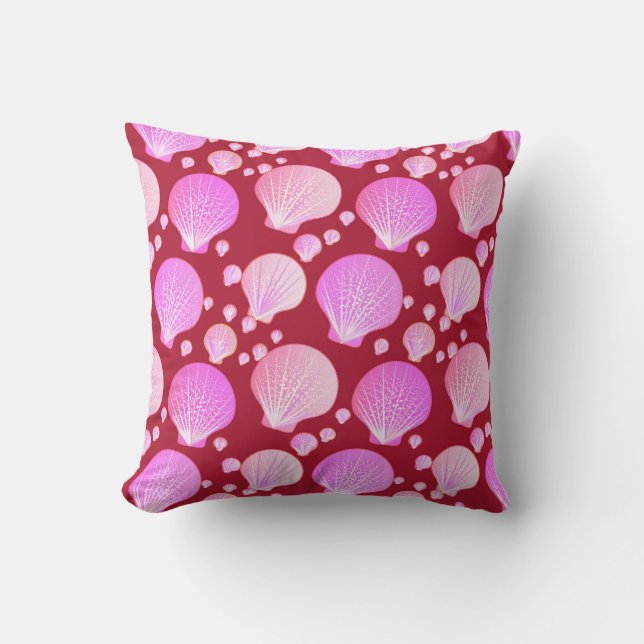Pink seashells on a burgundy background cushion (Front)