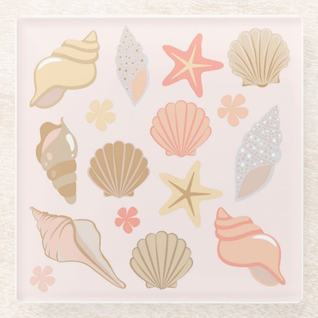 Pink Seashells Pattern Glass Coaster (Front)