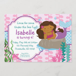 Pink Seaweed and Blue Polka Dots Mermaid Birthday Invitation