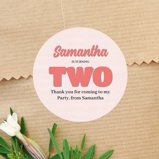 Pink Second Birthday Girl Party Floral Classic Round Sticker (Pink second birthday party custom favor stickers. )