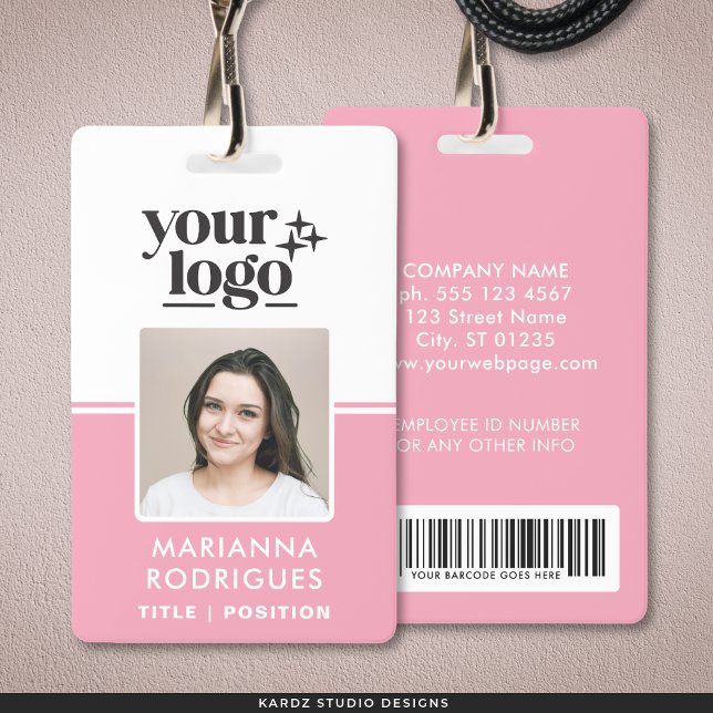 Pink Security Logo Photo Barcode Employee ID Badge (Front and back are shown. Customize and choose attachment: lanyard, retractable, or metal clip)