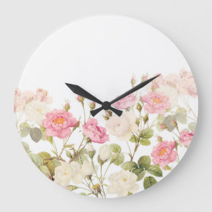 Pink Sepia Vintage Roses Meadow Illustration Large Clock