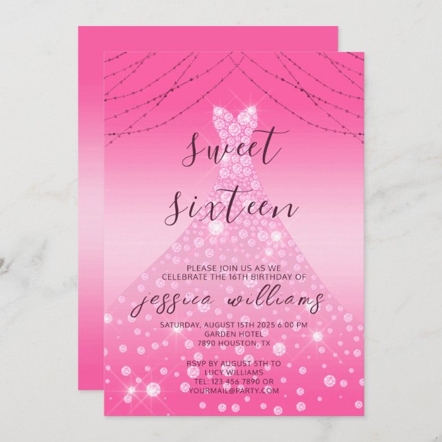 Pink Sequin Ball Gown & Lights Sweet 16 Birthday Invitation (Front/Back)