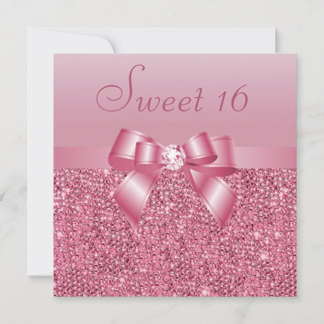 Pink Sequins, Bow & Diamond Sweet 16 Invitation (Front)